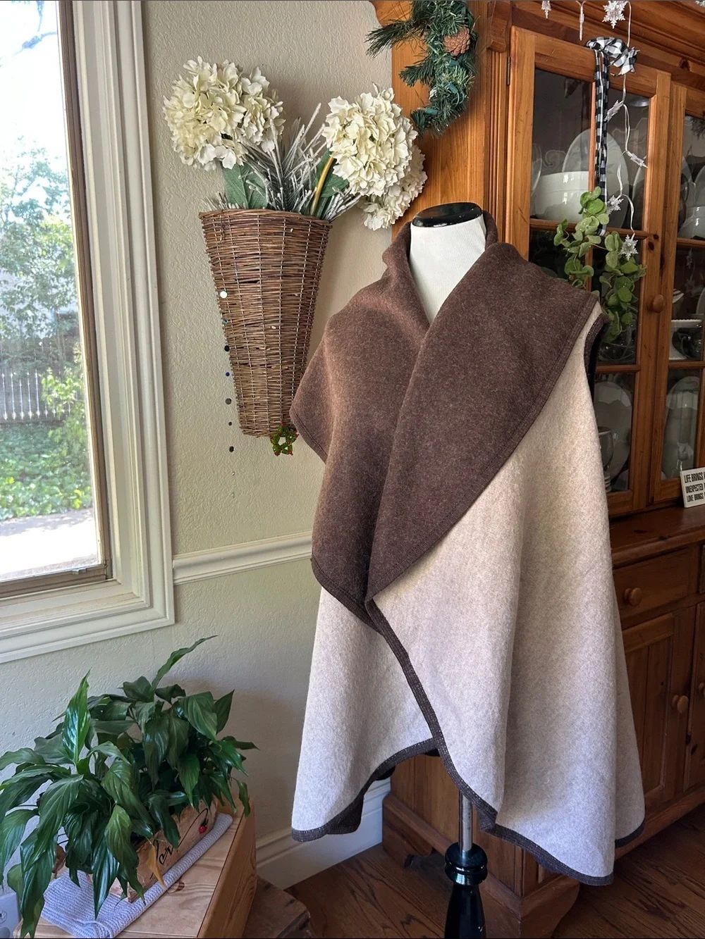 Reversible Brown and Cream Shawl-Collar Wrap